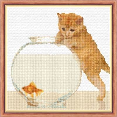 Ginger Tabby Cat & the Goldfish ~ Counted Cross Stitch Kit, Pattern/Chart, 14 Count 10