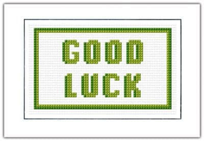 Good Luck, Green Block Wording  ~ 14 Count Cross Stitch Card Kit
