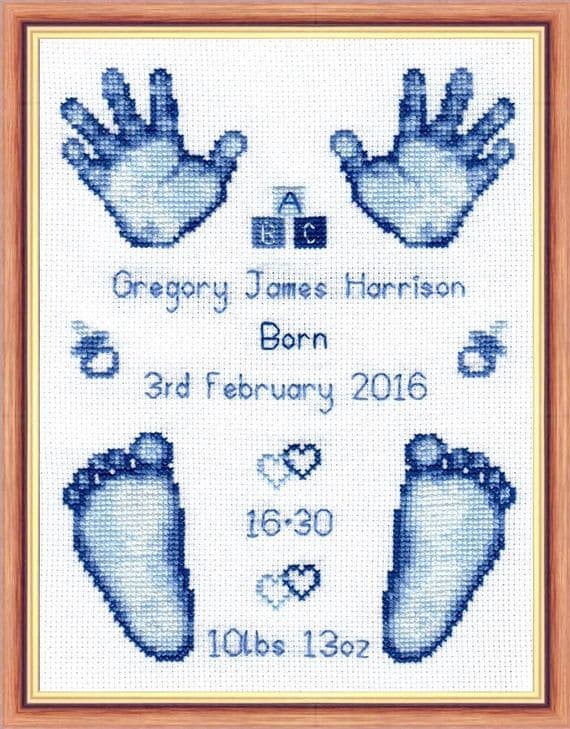Hands & Feet, Baby Boy Birth Sampler: Blue Counted Cross Stitch Mini Kit | 16ct 6
