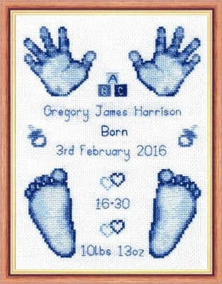 Hands & Feet ~ Baby Boy Blue Birth Sampler/Announcement ~ 16 Count Cross Stitch