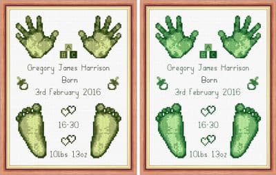 Hands & Feet ~ Baby Boy Green Birth Sampler/Announcement ~ 16 Count Cross Stitch