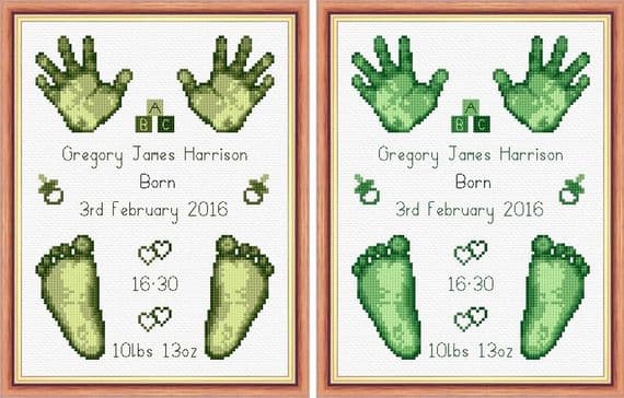Hands & Feet  - Baby Boy Green Birth Sampler/Announcement - 16 Count Cross Stitch