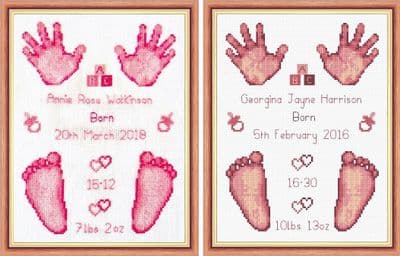 Hands & Feet, Baby Girl Birth Sampler: Pink Counted Cross Stitch Mini Kit | 16ct 6