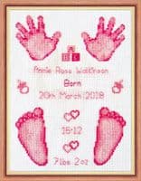 Hands & Feet  - Baby Girl Pink Birth Sampler/Announcement - 16 Count Cross Stitch