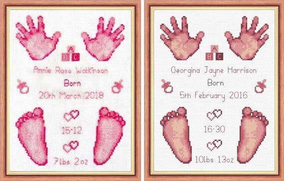 Hands & Feet  - Baby Girl Pink Birth Sampler/Announcement - 16 Count Cross Stitch
