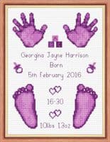 Hands & Feet  - Baby Girl Purple Birth Sampler/Announcement - 16 Count Cross Stitch