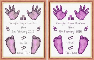 Hands & Feet ~ Baby Girl Purple Birth Sampler/Announcement ~ 16 Count Cross Stitch