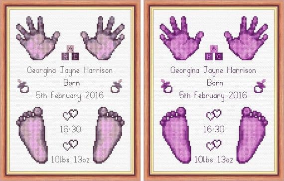 Hands & Feet  - Baby Girl Purple Birth Sampler/Announcement - 16 Count Cross Stitch