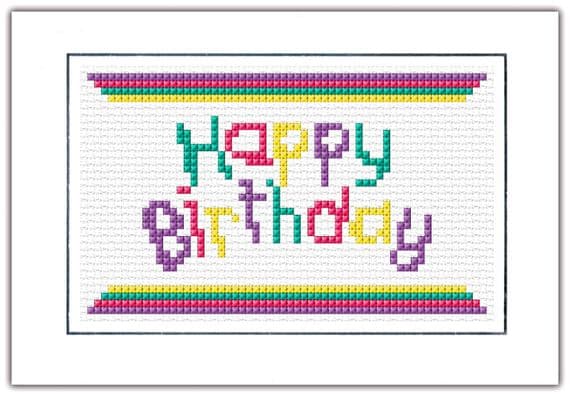 HAPPY BIRTHDAY Fancy Wording: Multicoloured Cross Stitch Card Kit | 14ct A6