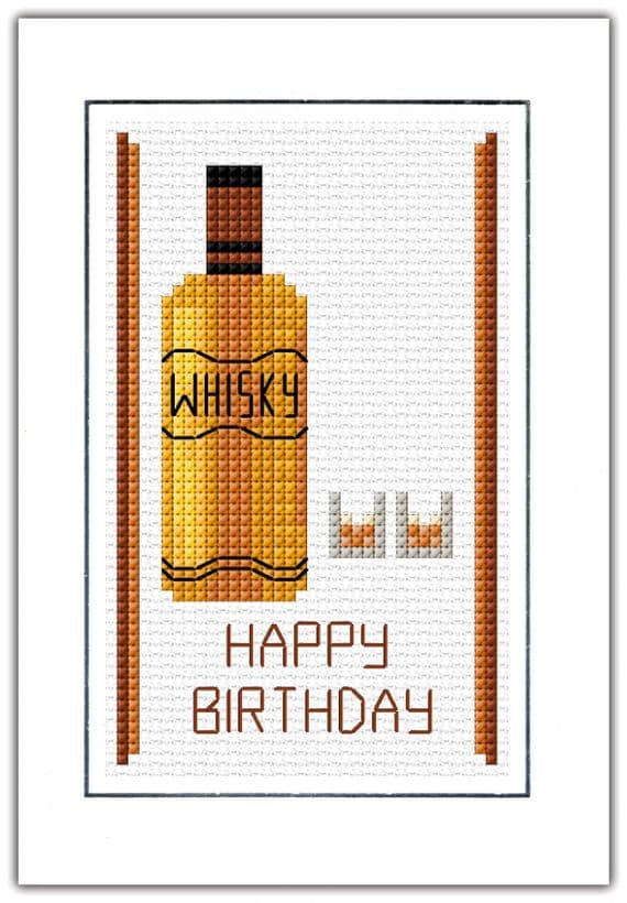 Happy Birthday, Whisky & Glasses: Cross Stitch A6 Card Kit