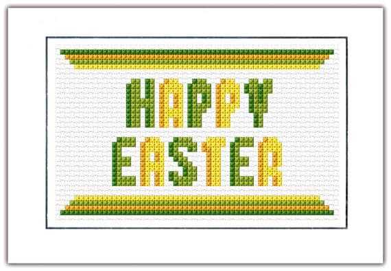 HAPPY EASTER Block Wording Green & Yellow Cross Stitch Card Kit | 14ct A6