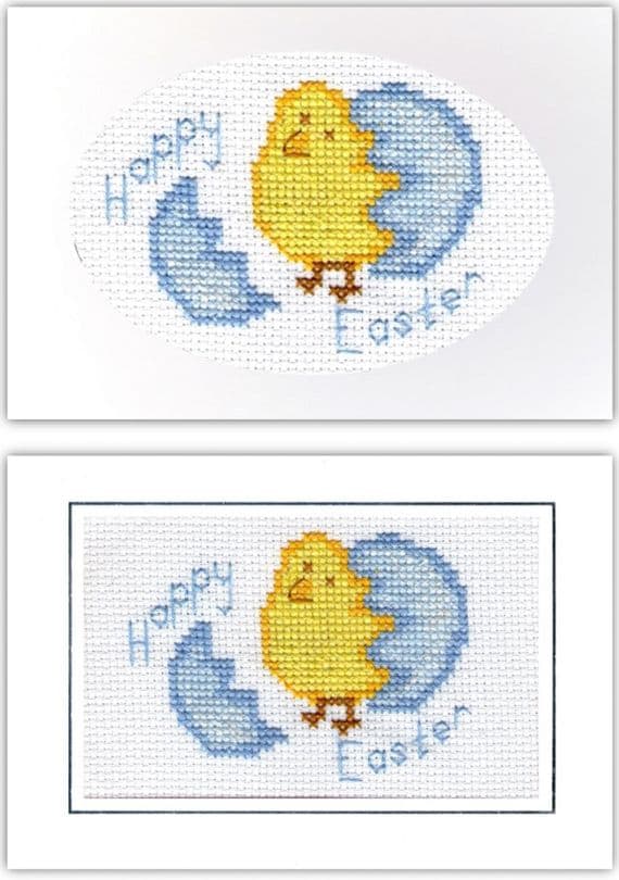 Happy Easter, Yellow Chick & Blue Shell Card ~ 14 Count Cross Stitch Kits