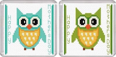 Happy Mothers Day, Cartoon Owl, Aqua & Green ~ Coaster Cross Stitch Kits
