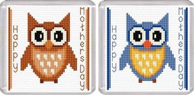 Happy Mothers Day, Cartoon Owl, Brown & Blue ~ Coaster Cross Stitch Kits