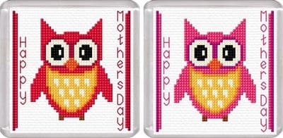 Happy Mothers Day, Cartoon Owl, Red & Pink ~ Coaster Cross Stitch Kits