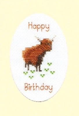 Highland Cow, Plain / Birthday A6 Greeting Card ~ 14 Count Cross Stitch Kit