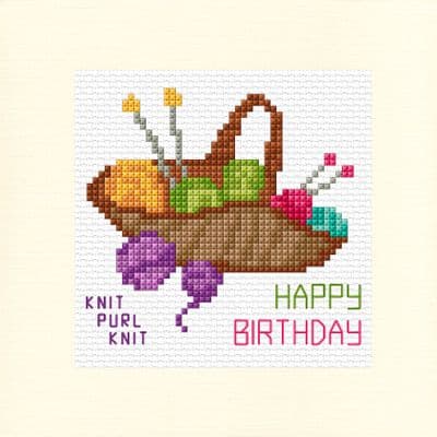 Knitting Basket: Happy Birthday Cross Stitch Card Kit | 14ct Square 5.5