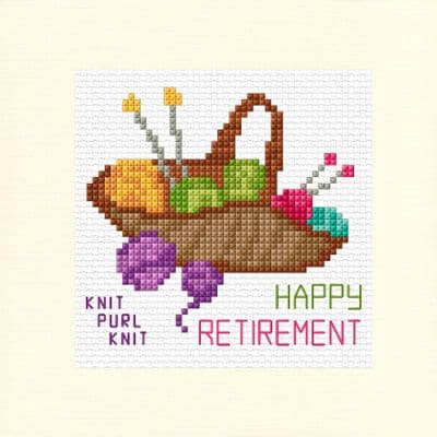 Knitting Basket: Happy Retirement Cross Stitch Card Kit | 14ct Square 5.5