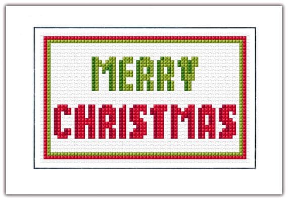 Merry Christmas Cross Stitch A6 Card Kit | Green & Red Block Wording