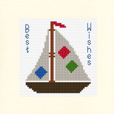 Cartoon Sailboat: Best Wishes Cross Stitch Card Kit | 14ct Square 5.5