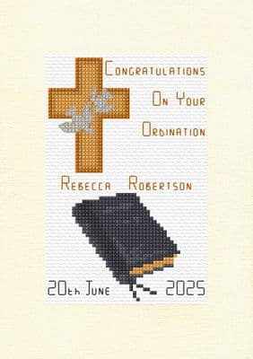 Ordination Cross, Bible & Doves: Cross Stitch Card Kit | 14ct A5 6