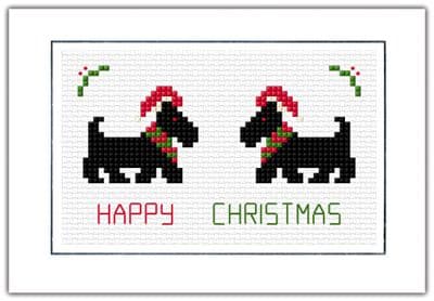 Pair of Festive Scottie Dogs, Happy Christmas ~ Cross Stitch A6 Card Kit