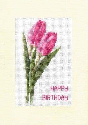 Pair of Pink Tulips ~ Happy Birthday, 14ct Cross Stitch A5 Card Kit