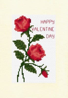 Pair of Red Roses + Bud: Happy Valentines Day Cross Stitch Card Kit | 14ct A5