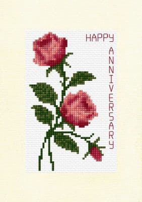 Pair of Roses + Bud: Happy Anniversary Cross Stitch Card Kit | 14ct A5