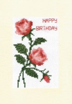 Pink/Coral/Red Pair of Roses + Bud ~ Birthday Cross Stitch A5 Card Kit