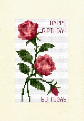 Pink/Coral/Red Pair of Roses + Bud ~ Happy Birthday, 60/70 Today Cross Stitch A5 Card Kit