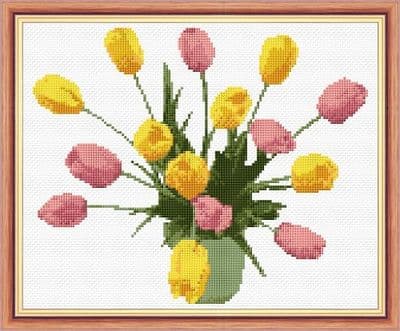 Pink & Yellow Tulip Flowers - 14 Count Cross Stitch Kit - 10