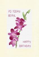 Purple Dendrobium Orchid Stem ~ 60/70/80 Today, Happy Birthday Cross Stitch A5 Card Kit