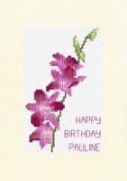 Purple Dendrobium Orchid Stem ~ Happy Birthday, 14ct Cross Stitch A5 Card Kit