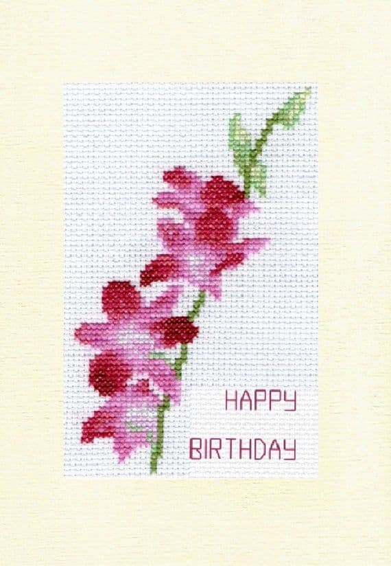 Purple Dendrobium Orchid Stem ~ Happy Birthday, 14ct Cross Stitch A5 Card Kit