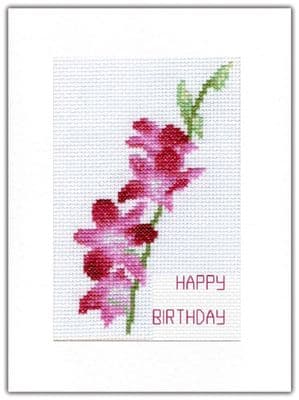 Purple Dendrobium Orchid Stem ~ Happy Birthday Cross Stitch A5 Card Kit