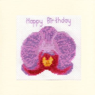 Purple Phalaenopsis Orchid: Happy Birthday Cross Stitch Card Kit | 16ct Square 5.5