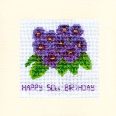 Purple Violet Flowers: Happy Birthday (50/60/80th) Cross Stitch Card Kit | 16ct Square 5.5