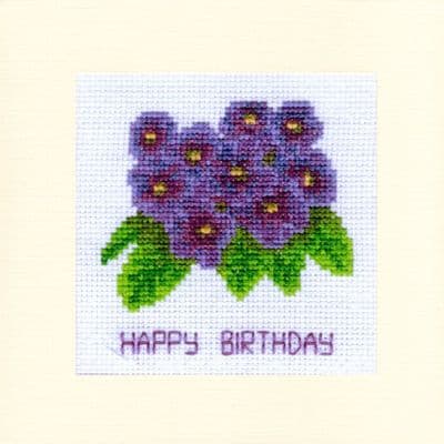 Purple Violet Flowers: Happy Birthday Cross Stitch Card Kit | 16ct Square 5.5
