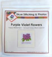 Purple Violet Flowers Happy Retirement Cross Stitch Card Kit | 16ct Square | Skye Stitching