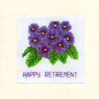 Purple Violet Flowers: Happy Retirement Cross Stitch Card Kit | 16ct Square 5.5