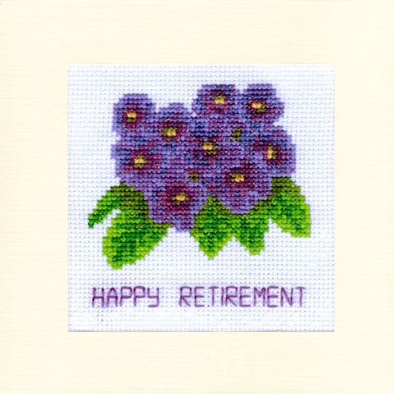 Purple Violet Flowers Happy Retirement Cross Stitch Card Kit | 16ct Square | Skye Stitching