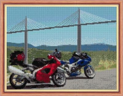 Red & Blue Motorbikes by the Millau Viaduct: Counted Cross Stitch Kit or Chart | 14ct 12
