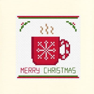 Red Mug of Cocoa: Merry or Happy Christmas Cross Stitch Card Kit | 14ct Square 5.5