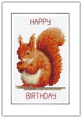 Red Squirrel Cross Stitch A6 Card Kit ~ Happy Birthday, 14 Count Greeting Card