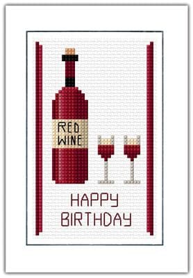 Red Wine Bottle & Glasses: Happy Birthday,  14ct Cross Stitch A6 Card Kit