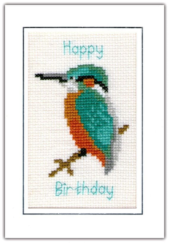 Regal Kingfisher ~ Happy Birthday, Greeting A6 Card ~ 14 Count Cross Stitch Kit