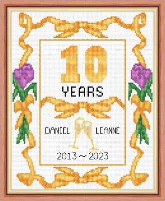 Ribbons + Tulips: 10th, Tin/Aluminium Wedding Anniversary 2015~2025, 14 Ct Cross Stitch Sampler Kit