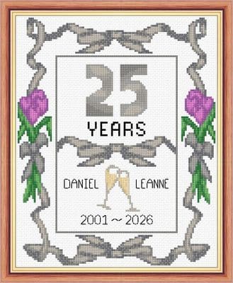Ribbons + Tulips: 25th, Silver Wedding Anniversary, 14 Count Cross Stitch Sampler Kit 8