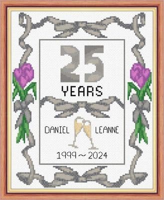 Ribbons + Tulips: 25th, Silver Wedding Anniversary 2000~2025, 14 Count Cross Stitch Sampler Kit